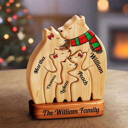 Personalized Wooden Bear Family Puzzle, Wooden Bear With Scarf, Christmas Family Keepsake Gifts